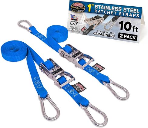 PowerTye 1 inch x 5ft Stainless Steel Ratchet Straps with Stainless Steel Carabiner Hooks, 800lb Working Load / 2400lb Break Strength, for Boats, Cargo & Marine Use, Made in USA, Black (2-Pack) in Saudi Arabia