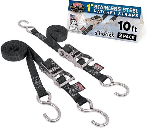 PowerTye 1 inch x 5ft Stainless Steel Ratchet Straps with Stainless Steel Carabiner Hooks, 800lb Working Load / 2400lb Break Strength, for Boats, Cargo & Marine Use, Made in USA, Black (2-Pack) in Saudi Arabia