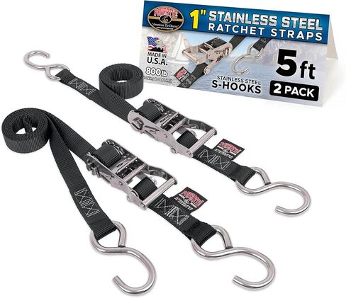 PowerTye 1 inch x 5ft Stainless Steel Ratchet Straps with Stainless Steel Carabiner Hooks, 800lb Working Load / 2400lb Break Strength, for Boats, Cargo & Marine Use, Made in USA, Black (2-Pack) in Saudi Arabia