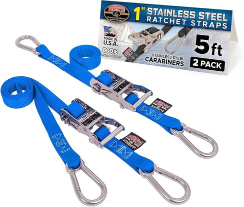 PowerTye 1 inch x 5ft Stainless Steel Ratchet Straps with Stainless Steel Carabiner Hooks, 800lb Working Load / 2400lb Break Strength, for Boats, Cargo & Marine Use, Made in USA, Black (2-Pack) in Saudi Arabia