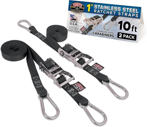 PowerTye 1 inch x 5ft Stainless Steel Ratchet Straps with Stainless Steel Carabiner Hooks, 800lb Working Load / 2400lb Break Strength, for Boats, Cargo & Marine Use, Made in USA, Black (2-Pack) in Saudi Arabia