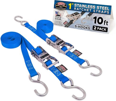 PowerTye 1 inch x 5ft Stainless Steel Ratchet Straps with Stainless Steel Carabiner Hooks, 800lb Working Load / 2400lb Break Strength, for Boats, Cargo & Marine Use, Made in USA, Black (2-Pack) in Saudi Arabia