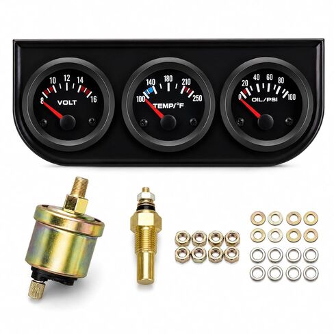 2" 52mm Triple Gauge Set (Volt Meter+Water Temperature+Oil Pressure Meter) Stainless Steel 3 in 1 Gauge Kit with Black Console for 12V Cars Ships Boats Truck Motorcycle Marine Automotive in Saudi Arabia