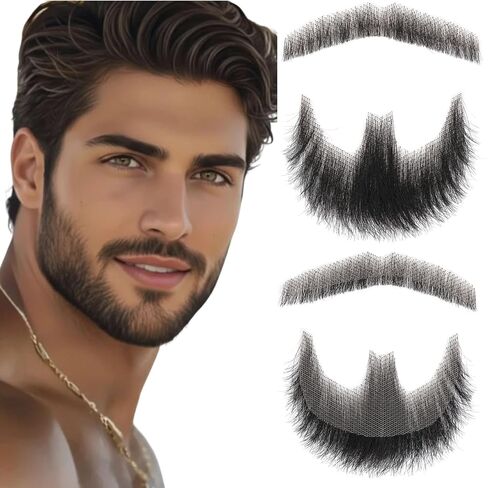 Fake Beard Realistic Beard 100% Human Hair Fake Face Beard Realistic Full Hand Tied Costume Facial Hair for Man、Adults Lace Invisible Fake Mustache for Halloween Drama Party Movie Makeup(Black) in Saudi Arabia