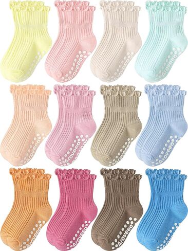 Baby Toddler Girls Socks Grip Ruffle Non Slip Girls Cotton 12 Pack Socks for Kids Cute Ankle 6M-7Years in Saudi Arabia
