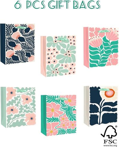 qiqee Medium Paper Gift Bags with Tissue Paper Handles 6PCS Springtime Flowers Cardboard Floral Gift Bags for Women Mom Grandma Party Supply (6PCS Bags+Tissue Paper) in Kuwait