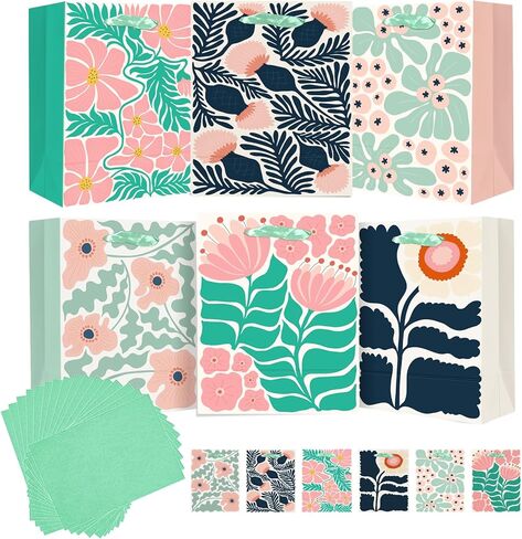 qiqee Medium Paper Gift Bags with Tissue Paper Handles 6PCS Springtime Flowers Cardboard Floral Gift Bags for Women Mom Grandma Party Supply (6PCS Bags+Tissue Paper) in Kuwait