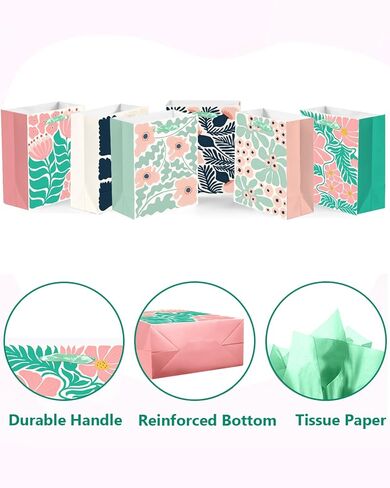 qiqee Medium Paper Gift Bags with Tissue Paper Handles 6PCS Springtime Flowers Cardboard Floral Gift Bags for Women Mom Grandma Party Supply (6PCS Bags+Tissue Paper) in Kuwait