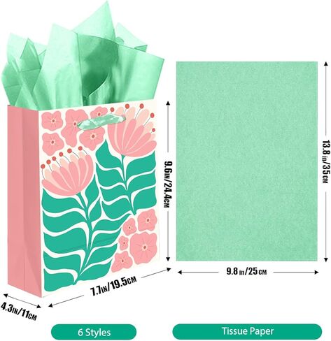 qiqee Medium Paper Gift Bags with Tissue Paper Handles 6PCS Springtime Flowers Cardboard Floral Gift Bags for Women Mom Grandma Party Supply (6PCS Bags+Tissue Paper) in Kuwait