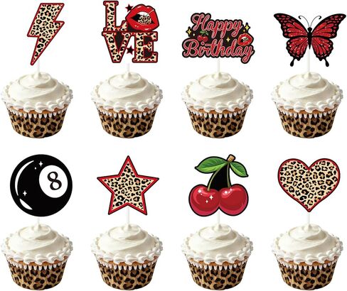 Cheetah Print Birthday Decorations - 48 Pcs Red Cheetah Cherry Cupcake Toppers Set Decorations, Leopard Cherry Dessert Decor for Birthday Party Bachelorette Wedding in Saudi Arabia