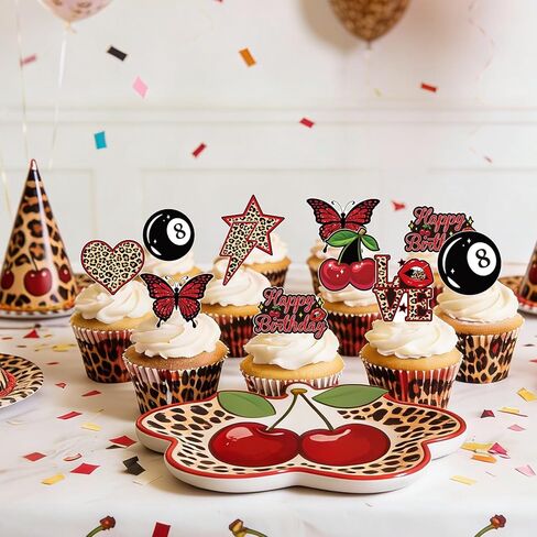 Cheetah Print Birthday Decorations - 48 Pcs Red Cheetah Cherry Cupcake Toppers Set Decorations, Leopard Cherry Dessert Decor for Birthday Party Bachelorette Wedding in Saudi Arabia
