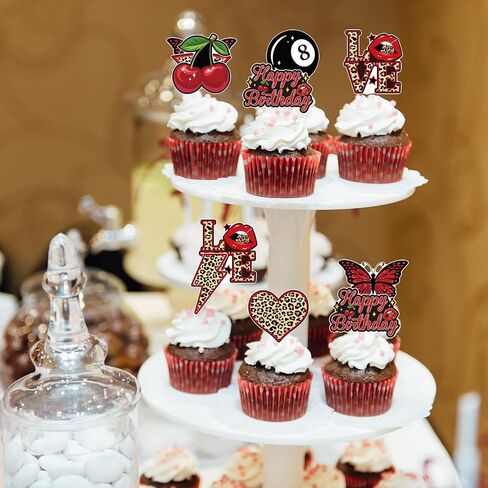 Cheetah Print Birthday Decorations - 48 Pcs Red Cheetah Cherry Cupcake Toppers Set Decorations, Leopard Cherry Dessert Decor for Birthday Party Bachelorette Wedding in Saudi Arabia