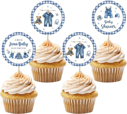 36PCS Blue Jean Baby Cupcake Toppers, Denim and Diamonds Baby Shower Cupcake Picks for Boy, Denim Bodysuit Cupcake Toppers, Boy First Birthday/Gender Reveal Party Decoration in Saudi Arabia