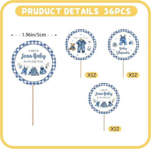 36PCS Blue Jean Baby Cupcake Toppers, Denim and Diamonds Baby Shower Cupcake Picks for Boy, Denim Bodysuit Cupcake Toppers, Boy First Birthday/Gender Reveal Party Decoration in Saudi Arabia