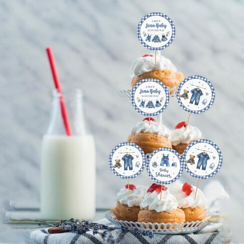 36PCS Blue Jean Baby Cupcake Toppers, Denim and Diamonds Baby Shower Cupcake Picks for Boy, Denim Bodysuit Cupcake Toppers, Boy First Birthday/Gender Reveal Party Decoration in Saudi Arabia