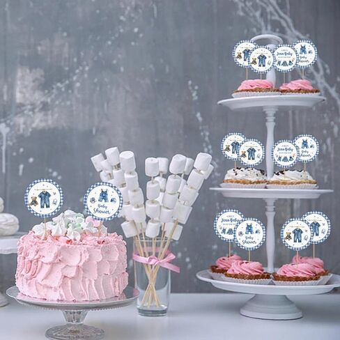 36PCS Blue Jean Baby Cupcake Toppers, Denim and Diamonds Baby Shower Cupcake Picks for Boy, Denim Bodysuit Cupcake Toppers, Boy First Birthday/Gender Reveal Party Decoration in Saudi Arabia