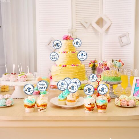 36PCS Blue Jean Baby Cupcake Toppers, Denim and Diamonds Baby Shower Cupcake Picks for Boy, Denim Bodysuit Cupcake Toppers, Boy First Birthday/Gender Reveal Party Decoration in Saudi Arabia