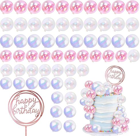61PCS Bubble Balls Cake Toppers Mini Balloon Pearl Balls Happy Birthday Cupcake Cake Insert Topper for Birthday Party Wedding Decoration in Saudi Arabia