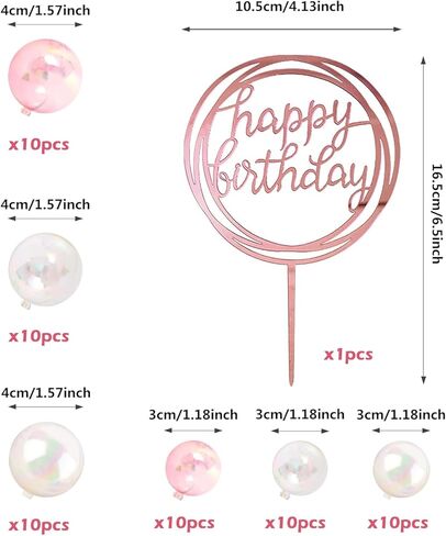 61PCS Bubble Balls Cake Toppers Mini Balloon Pearl Balls Happy Birthday Cupcake Cake Insert Topper for Birthday Party Wedding Decoration in Saudi Arabia