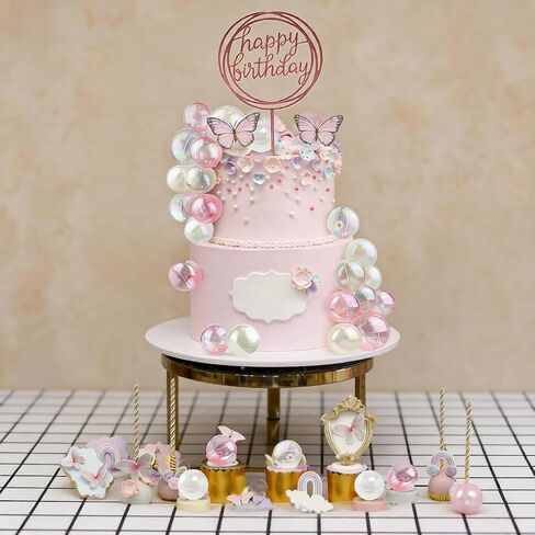 61PCS Bubble Balls Cake Toppers Mini Balloon Pearl Balls Happy Birthday Cupcake Cake Insert Topper for Birthday Party Wedding Decoration in Saudi Arabia