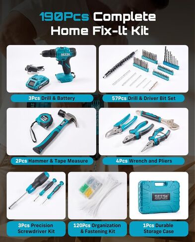 Seesii Tool Kit with Drill, 230PCS Tool Set with 21V Cordless Power Drill, The Great Helper for Home Repair and Installation, Bicycle Repair, Woodworking and Gardening Work in Saudi Arabia