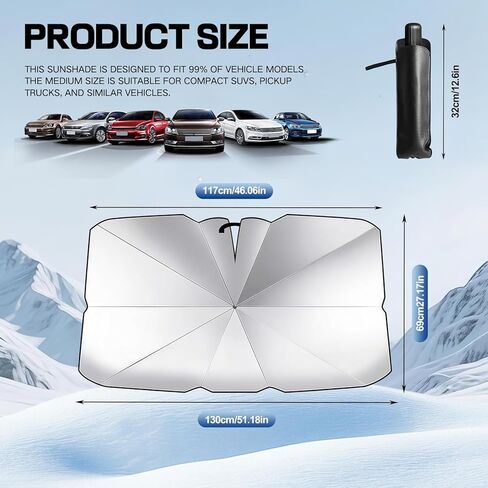 Windshield Sun Shade Umbrella,Thickened Heat Shield & UV Blocker,Scratch-Proof with Protective Tips,Keeps Interior Cool,Foldable & Universal for Cars,Trucks,SUVs,Includes Storage Bag,51.2" x 27.2" (M) in Saudi Arabia