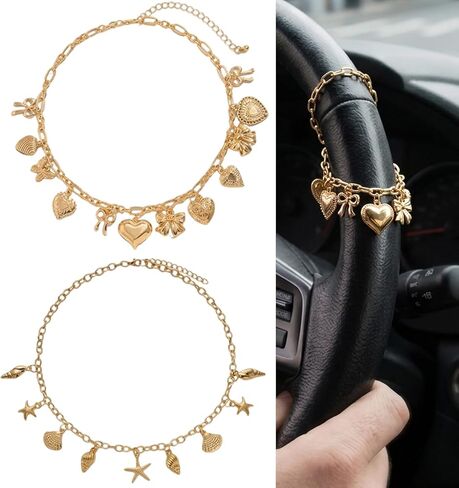 2pcs Steering Wheel Charm Set, Steering Wheel Chain with Heart and Bow, Decorative Car Accessory for Women Lady, Ideal for Personalization and Style Enhancement in Saudi Arabia
