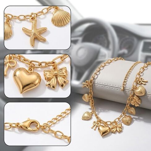 2pcs Steering Wheel Charm Set, Steering Wheel Chain with Heart and Bow, Decorative Car Accessory for Women Lady, Ideal for Personalization and Style Enhancement in Saudi Arabia
