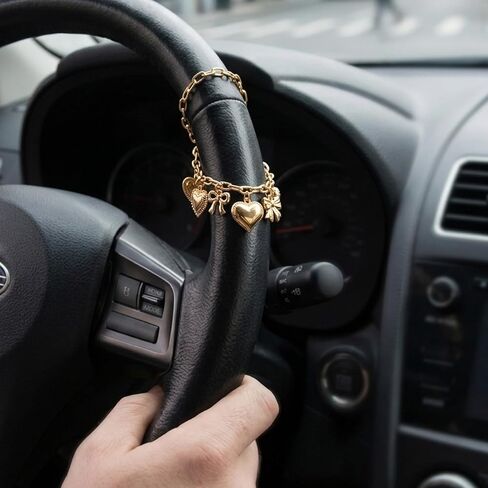 2pcs Steering Wheel Charm Set, Steering Wheel Chain with Heart and Bow, Decorative Car Accessory for Women Lady, Ideal for Personalization and Style Enhancement in Saudi Arabia