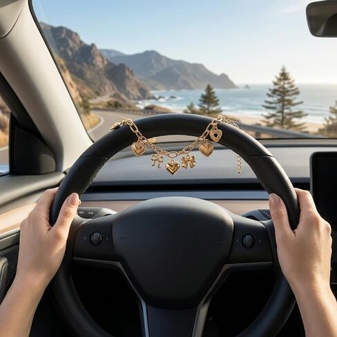 2pcs Steering Wheel Charm Set, Steering Wheel Chain with Heart and Bow, Decorative Car Accessory for Women Lady, Ideal for Personalization and Style Enhancement in Saudi Arabia
