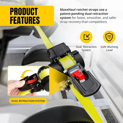 MaxxHaul 51206 1 بوصة × 12 بوصة أشرطة سقاطة مزدوجة قابلة للسحب تلقائيًا (4 عبوات) - أربطة شديدة التحمل مع خطافات S مطلية للشاحنة والمقطورة والبضائع والدراجات النارية ومركبة ATV والمزيد - أسود in Kuwait