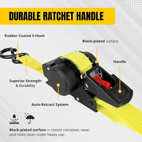 MaxxHaul 51206 1 بوصة × 12 بوصة أشرطة سقاطة مزدوجة قابلة للسحب تلقائيًا (4 عبوات) - أربطة شديدة التحمل مع خطافات S مطلية للشاحنة والمقطورة والبضائع والدراجات النارية ومركبة ATV والمزيد - أسود in Kuwait