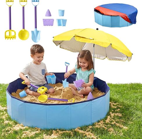 Large Sand Box Set with Lid Cover & Umbrella, Including 7Pcs Sand Toys for Kids Toddlers, 39Inch Big Portable Sandpit for Outdoor Indoor Backyard Patio Beach Dog, Hold up 200lbs Sand in Saudi Arabia