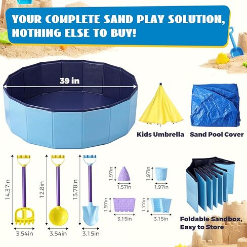 Large Sand Box Set with Lid Cover & Umbrella, Including 7Pcs Sand Toys for Kids Toddlers, 39Inch Big Portable Sandpit for Outdoor Indoor Backyard Patio Beach Dog, Hold up 200lbs Sand in Saudi Arabia