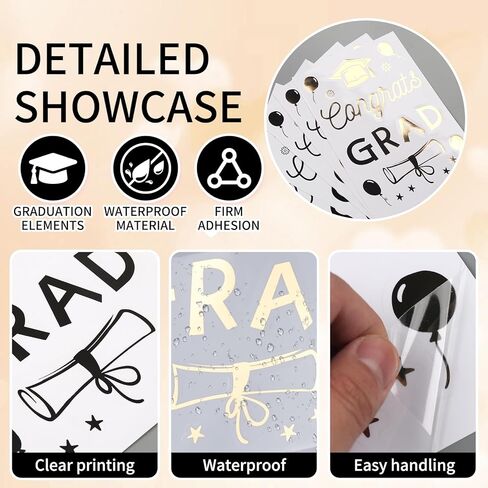 Totelux 6Pcs Graduation Balloon Stickers Congrats Grads Bobo Balloon Stickers Grad Cap Clear Balloons Decals for Graduation Season DIY Balloons Decoration Supplies (Gold Black) in Saudi Arabia