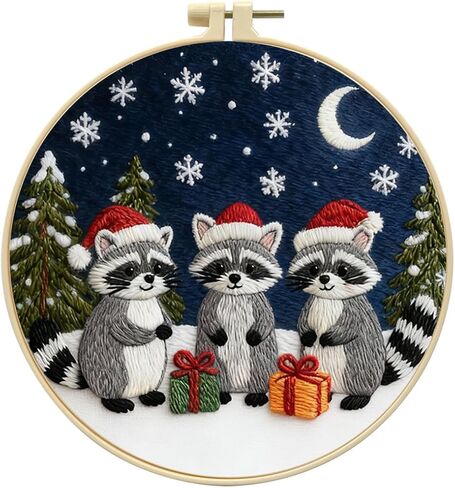 Zhenqing Three Christmas Raccoons Embroidery Kit for Beginners, Pre-Printed 29x29cm Circular Cotton Fabric with 20cm Hoop, Moonlight Snow Scene Holiday Decor (C0199) in Saudi Arabia