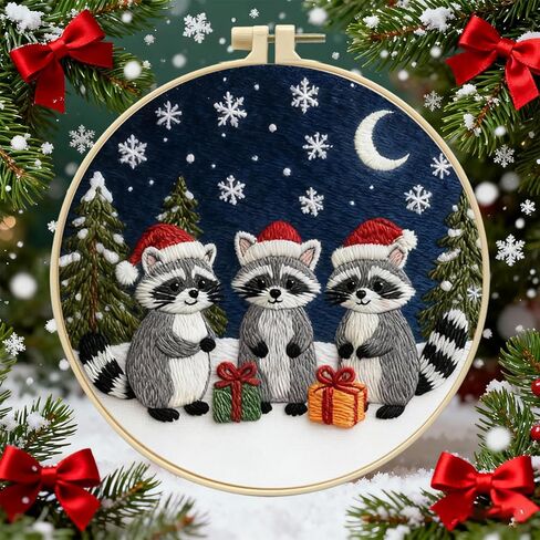 Zhenqing Three Christmas Raccoons Embroidery Kit for Beginners, Pre-Printed 29x29cm Circular Cotton Fabric with 20cm Hoop, Moonlight Snow Scene Holiday Decor (C0199) in Saudi Arabia
