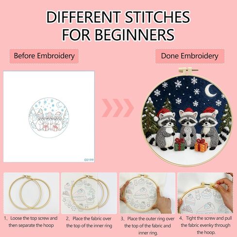 Zhenqing Three Christmas Raccoons Embroidery Kit for Beginners, Pre-Printed 29x29cm Circular Cotton Fabric with 20cm Hoop, Moonlight Snow Scene Holiday Decor (C0199) in Saudi Arabia