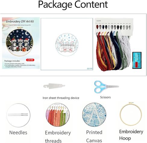 Zhenqing Three Christmas Raccoons Embroidery Kit for Beginners, Pre-Printed 29x29cm Circular Cotton Fabric with 20cm Hoop, Moonlight Snow Scene Holiday Decor (C0199) in Saudi Arabia