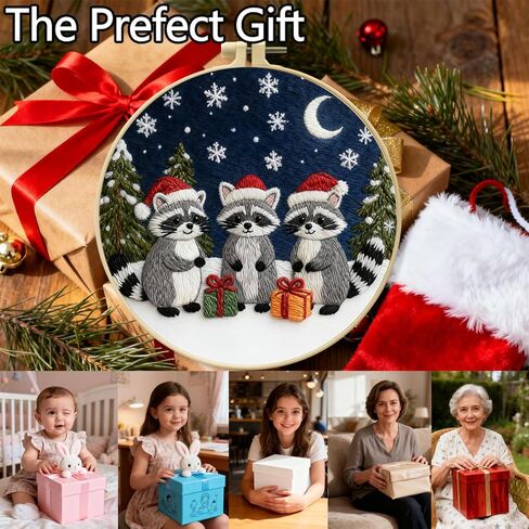 Zhenqing Three Christmas Raccoons Embroidery Kit for Beginners, Pre-Printed 29x29cm Circular Cotton Fabric with 20cm Hoop, Moonlight Snow Scene Holiday Decor (C0199) in Saudi Arabia