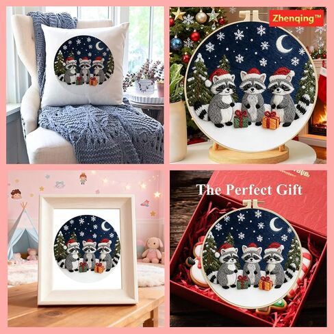 Zhenqing Three Christmas Raccoons Embroidery Kit for Beginners, Pre-Printed 29x29cm Circular Cotton Fabric with 20cm Hoop, Moonlight Snow Scene Holiday Decor (C0199) in Saudi Arabia