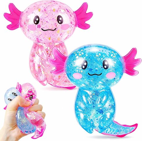 2 Pack Squishy Axolotl Stress Toys, Glitter Squishy Stress Sugar Balls Bulk, Squeeze Stress Sugar Ball, Sensory Fidget Toy for Kids & Adults, Party Favors and Easter Gifts (Pink & Blue) in Kuwait