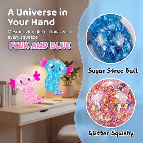2 Pack Squishy Axolotl Stress Toys, Glitter Squishy Stress Sugar Balls Bulk, Squeeze Stress Sugar Ball, Sensory Fidget Toy for Kids & Adults, Party Favors and Easter Gifts (Pink & Blue) in Kuwait