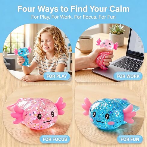 2 Pack Squishy Axolotl Stress Toys, Glitter Squishy Stress Sugar Balls Bulk, Squeeze Stress Sugar Ball, Sensory Fidget Toy for Kids & Adults, Party Favors and Easter Gifts (Pink & Blue) in Kuwait
