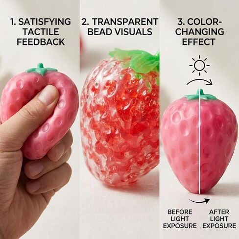 2 PCS Strawberry Squishy Set, Temperature-Color-Changing and Clear Bead-Filled，Squishy Strawberry with Color-changing Surface and Internal Beads for Desk Display in Saudi Arabia