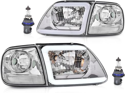 مجموعة المصابيح الأمامية G-PLUS، متوافقة مع Ford Expedition 1997-2002/Fit Ford F150 1998-2003/Fit Ford F250 1988-1999، مصباح أمامي ممتص للصدمات، عدسة شفافة من الكروم، عاكس كهرمان يسار ويمين in Kuwait