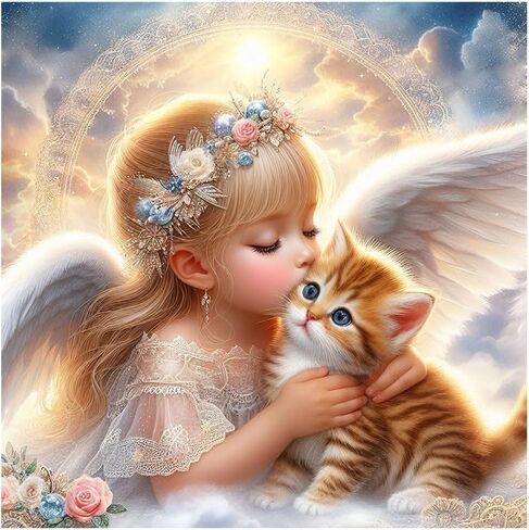 مجموعة AMORARS Angel Cat Diamond Art Kits للبالغين - مجموعة طلاء ألماس 5D للمبتدئين، لوحات فنية وهدايا فنية لتزيين المنزل، 12 × 12 بوصة in Kuwait