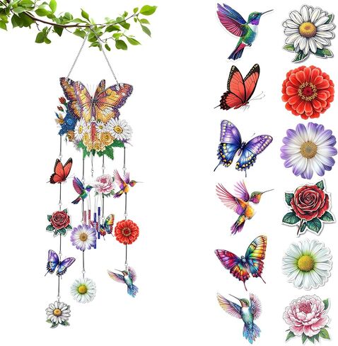 LOMSIOY Diamond Painting Wind Chimes – 3D Acrylic Suncatcher with Crystal Pendant Ornament Hanging Decor, DIY Waterproof Outdoor Windcatcher for Garden, Patio, Home (Flower Craft Kit for Adults) in Saudi Arabia