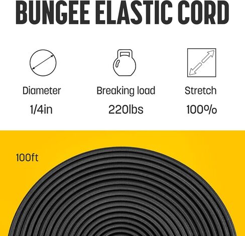 Bungee Cord 1/4" x 100ft Marine Grade Elastic Shock Cord Heavy Duty Stretch String Rope for Kayak, Tarpaulin, Tie Down, Cargo, Camping, Crafting | Black in Saudi Arabia