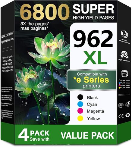 مجموعة خراطيش حبر 962xl بديلة لـ HP 962 XL HP962XL تعمل لطابعة HP OfficeJet Pro 9015e 9010 9012 9012e 9018e 9025e 9015 9018 9025e 9025 9020 9022 (أسود، سماوي، أرجواني، أصفر) 4 عبوات in Kuwait